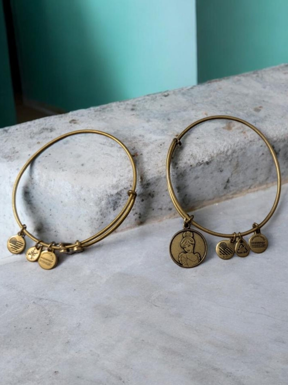 Alex And Ani 2015 Gold-Tone Charm Bangles with Princess Medallion Micky Disney